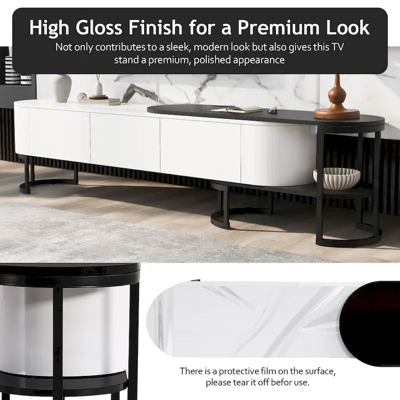 Meuble TV rétractable moderne noir et blanc avec 3 tiroirs et pieds métalliques réglables pour salon et chambre