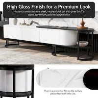 Meuble TV rétractable moderne noir et blanc avec 3 tiroirs et pieds métalliques réglables pour salon et chambre