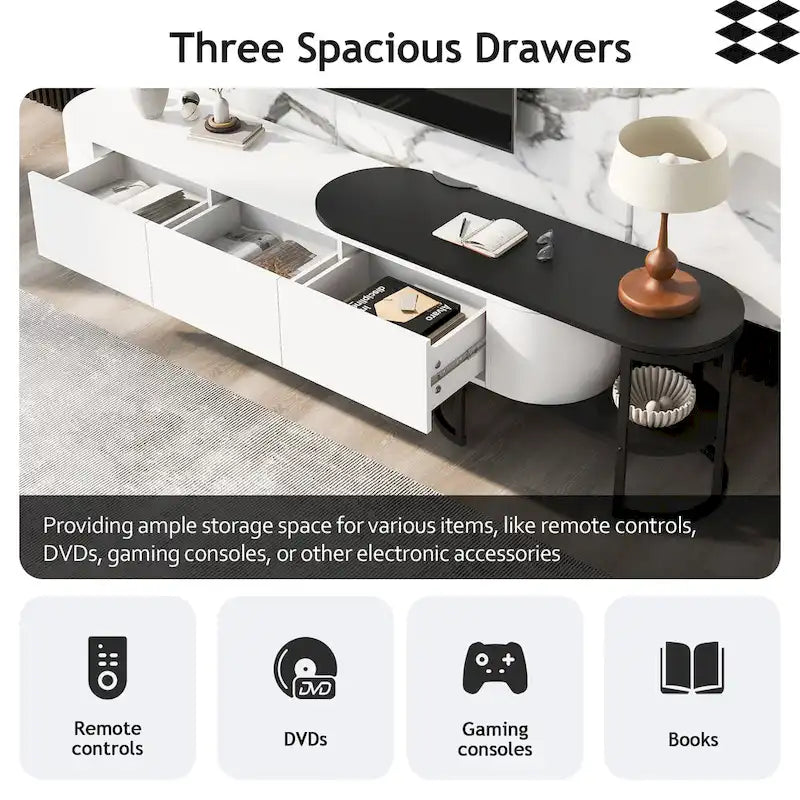 Meuble TV rétractable moderne noir et blanc avec 3 tiroirs et pieds métalliques réglables pour salon et chambre