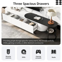Meuble TV rétractable moderne noir et blanc avec 3 tiroirs et pieds métalliques réglables pour salon et chambre
