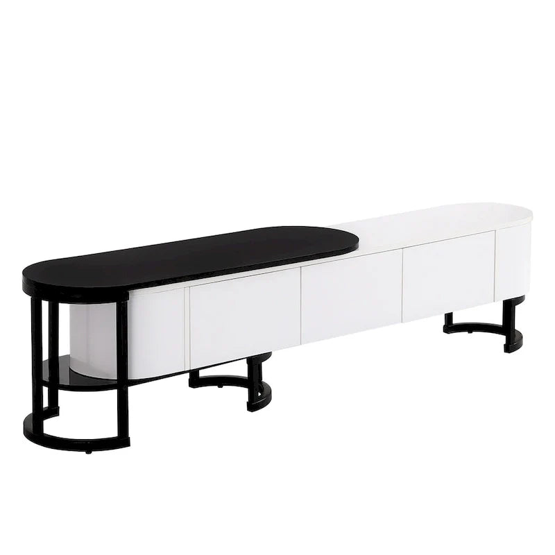 Meuble TV rétractable moderne noir et blanc avec 3 tiroirs et pieds métalliques réglables pour salon et chambre