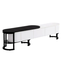 Meuble TV rétractable moderne noir et blanc avec 3 tiroirs et pieds métalliques réglables pour salon et chambre