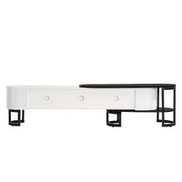 Meuble TV rétractable moderne noir et blanc avec 3 tiroirs et pieds métalliques réglables pour salon et chambre