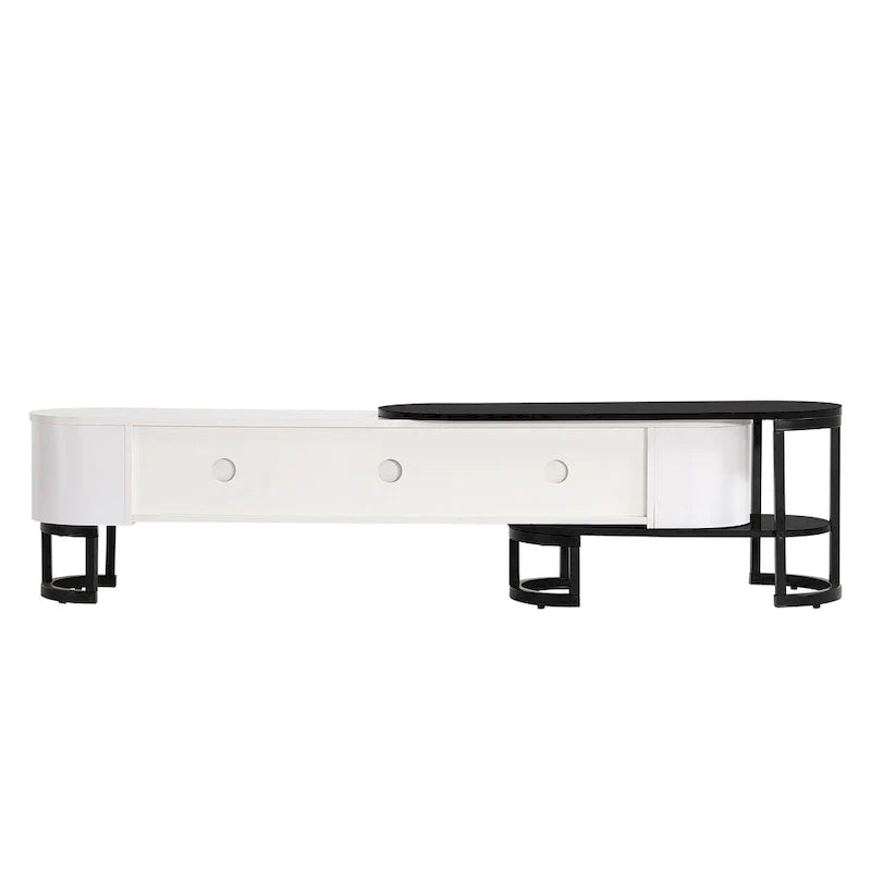 Meuble TV rétractable moderne noir et blanc avec 3 tiroirs et pieds métalliques réglables pour salon et chambre