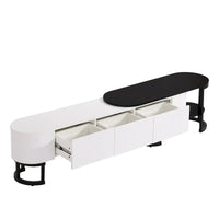 Meuble TV rétractable moderne noir et blanc avec 3 tiroirs et pieds métalliques réglables pour salon et chambre