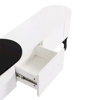 Meuble TV rétractable moderne noir et blanc avec 3 tiroirs et pieds métalliques réglables pour salon et chambre