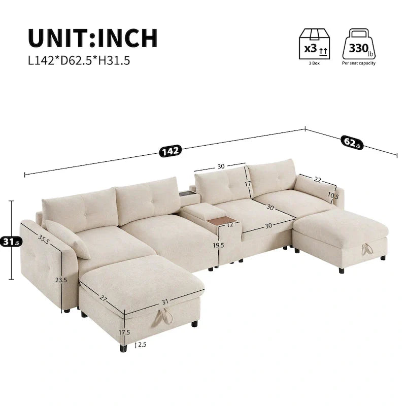 Canapé sectionnel modulable en forme de U 142 avec ottomans de rangement et console