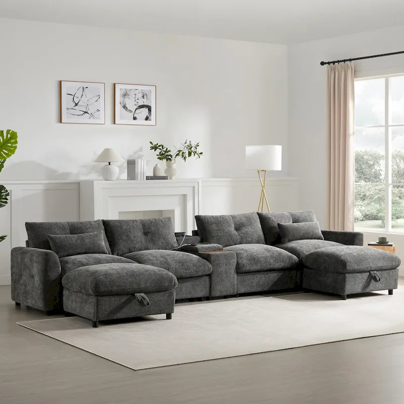 Canapé sectionnel modulable en forme de U 142 avec ottomans de rangement et console