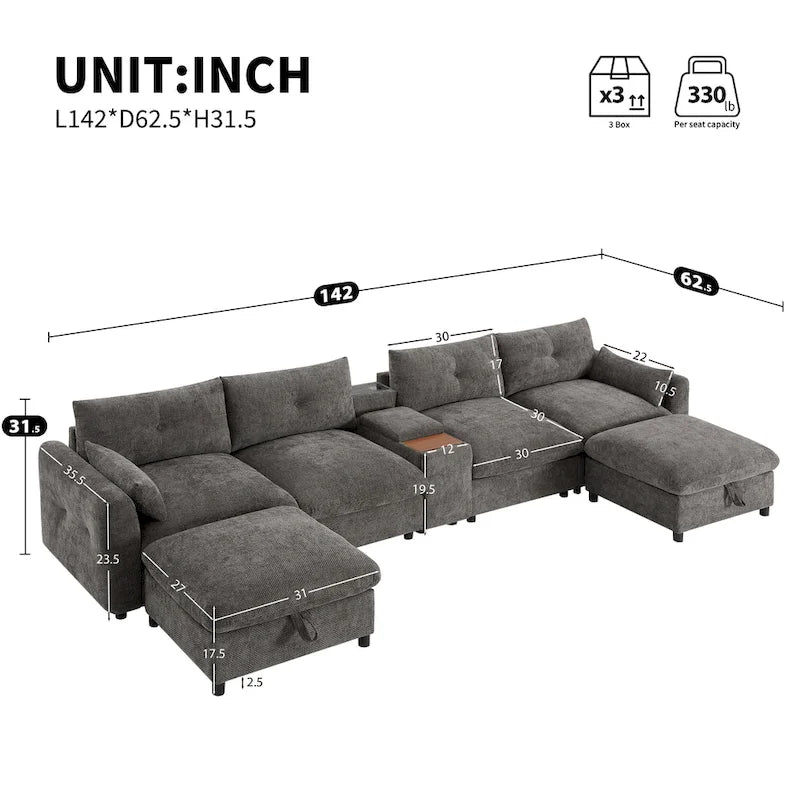 Canapé sectionnel modulable en forme de U 142 avec ottomans de rangement et console