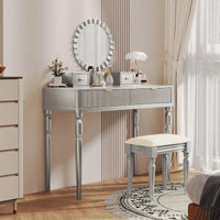 Coiffeuse de luxe avec miroir rond, hauteur réglable, ensemble coiffeuse élégant, 4 tiroirs et tabouret
