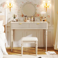 Coiffeuse de luxe avec miroir rond, hauteur réglable, ensemble coiffeuse élégant, 4 tiroirs et tabouret
