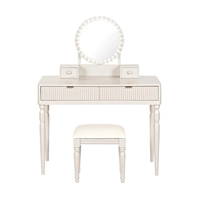 Coiffeuse de luxe avec miroir rond, hauteur réglable, ensemble coiffeuse élégant, 4 tiroirs et tabouret