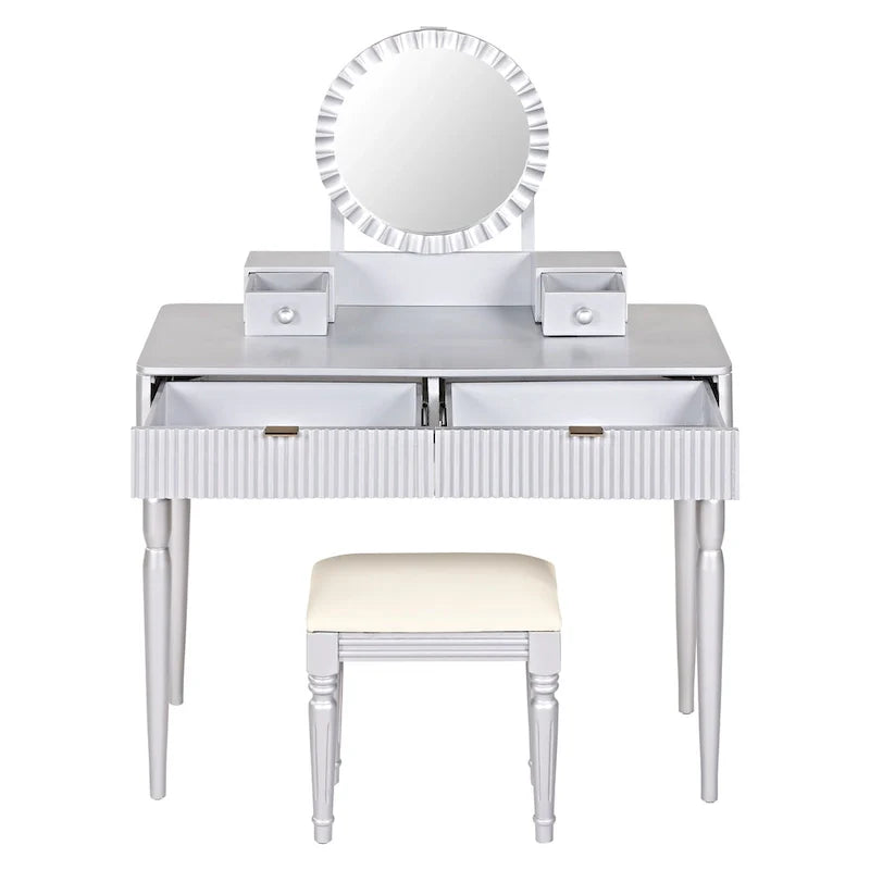 Coiffeuse de luxe avec miroir rond, hauteur réglable, ensemble coiffeuse élégant, 4 tiroirs et tabouret