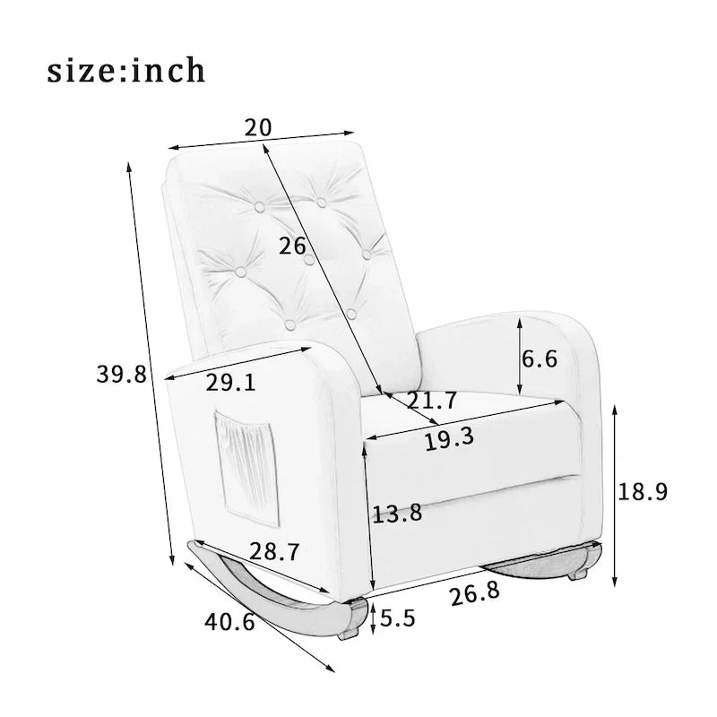 Fauteuil à bascule moderne 28.74 à dossier haut rembourré capitonné à boutons avec pieds en bois massif et poche latérale
