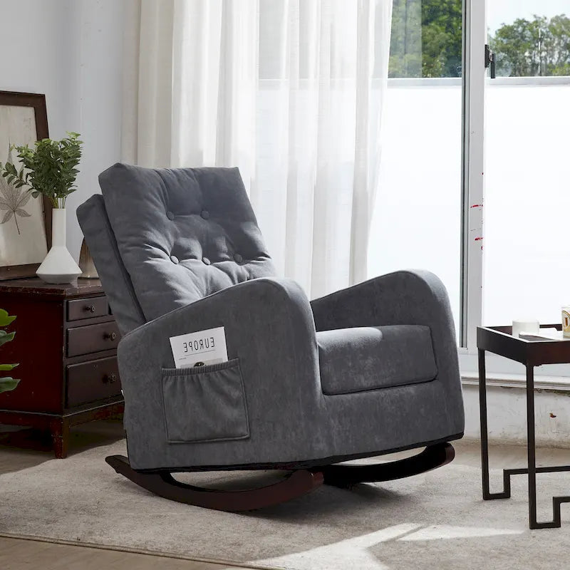 Fauteuil à bascule moderne 28.74 à dossier haut rembourré capitonné à boutons avec pieds en bois massif et poche latérale