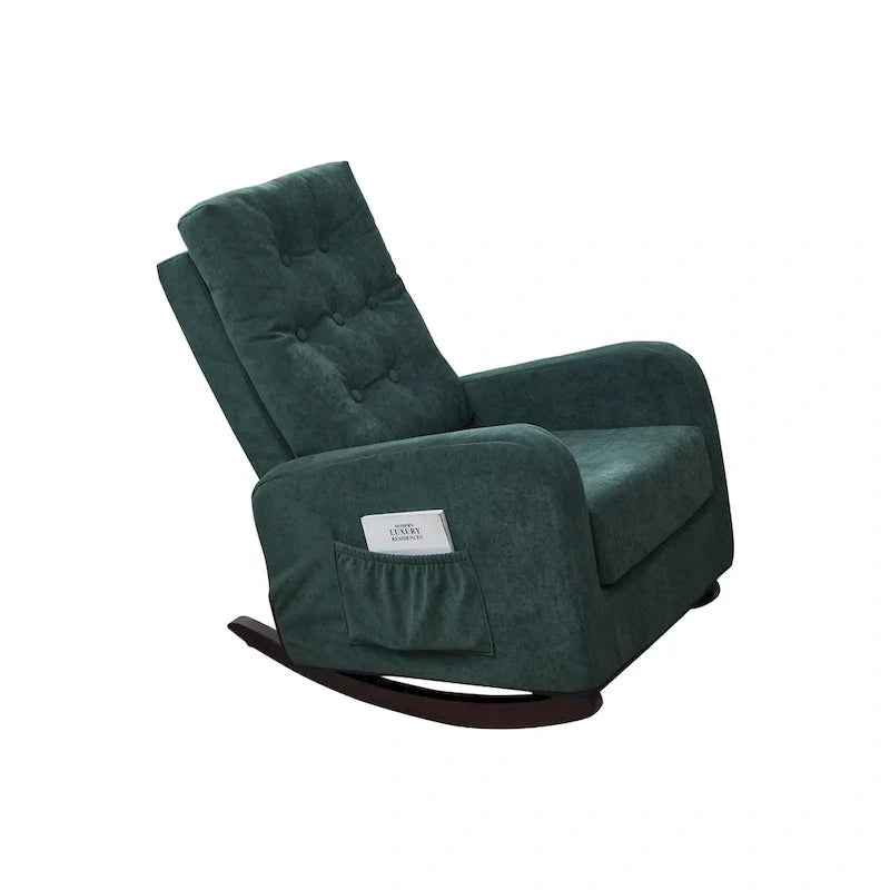 Fauteuil à bascule moderne 28.74 à dossier haut rembourré capitonné à boutons avec pieds en bois massif et poche latérale