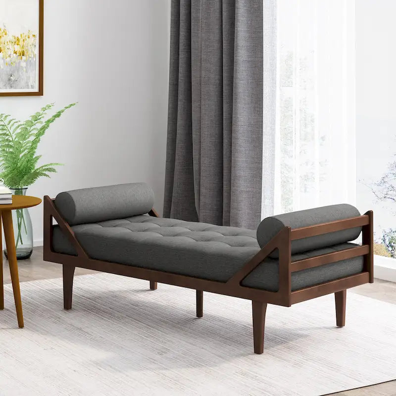 Méridienne capitonnée à boutons moderne anthracite 65 po avec design en bois cintré et coussins d'accent roulés