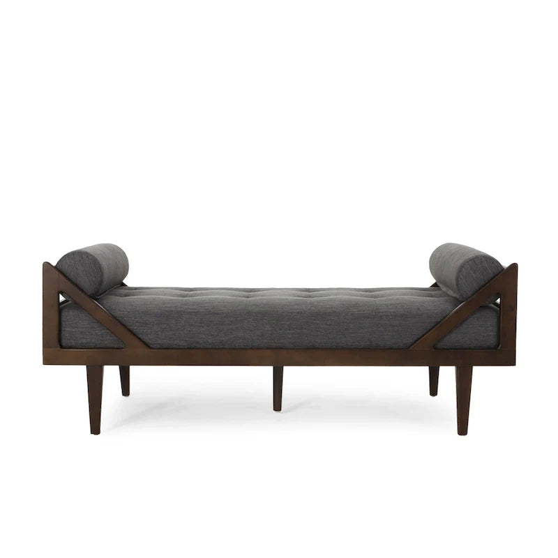 Méridienne capitonnée à boutons moderne anthracite 65 po avec design en bois cintré et coussins d'accent roulés