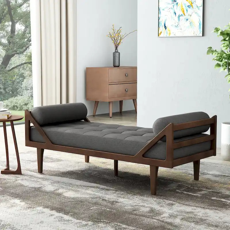 Méridienne capitonnée à boutons moderne anthracite 65 po avec design en bois cintré et coussins d'accent roulés