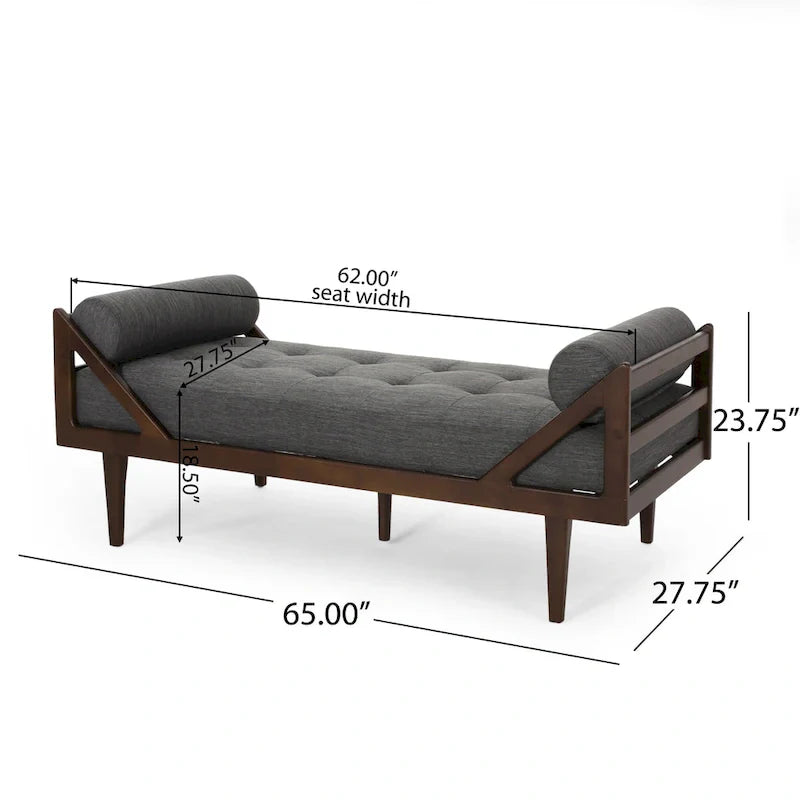 Méridienne capitonnée à boutons moderne anthracite 65 po avec design en bois cintré et coussins d'accent roulés