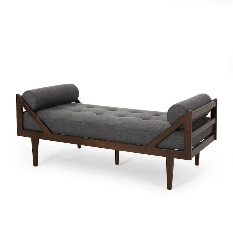 Chaise longue capitonnée moderne 65 en charbon de bois avec design en bois courbé et coussins décoratifs cylindriques