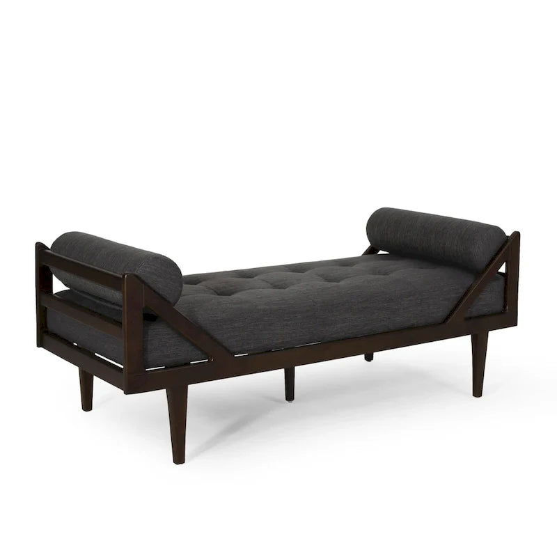 Méridienne capitonnée à boutons moderne anthracite 65 po avec design en bois cintré et coussins d'accent roulés