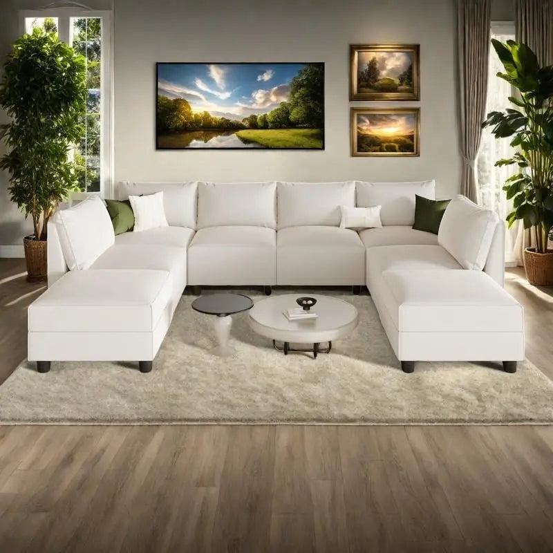 Canapé sectionnel en lin 119.68 en forme de U avec 8 places et ottoman de rangement
