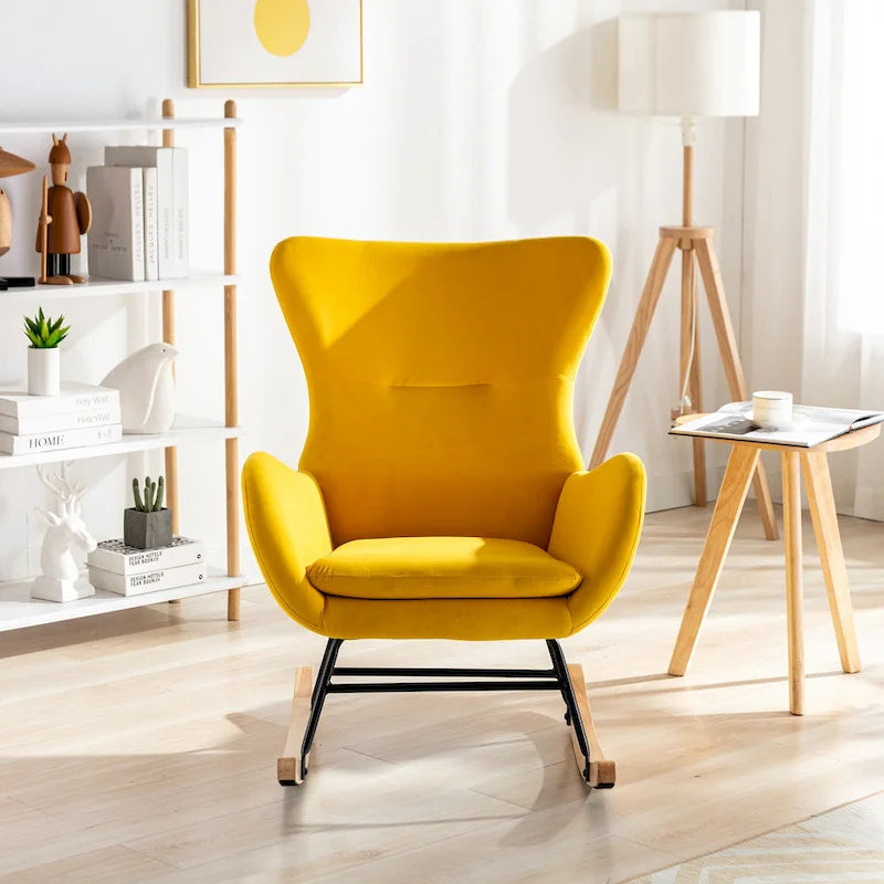 Fauteuil à bascule jaune moderne à dossier haut rembourré 33.1, pieds en bois d'hévéa et structure métallique