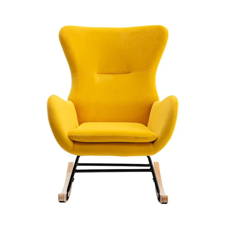Fauteuil à bascule jaune moderne à dossier haut rembourré 33.1, pieds en bois d'hévéa et structure métallique