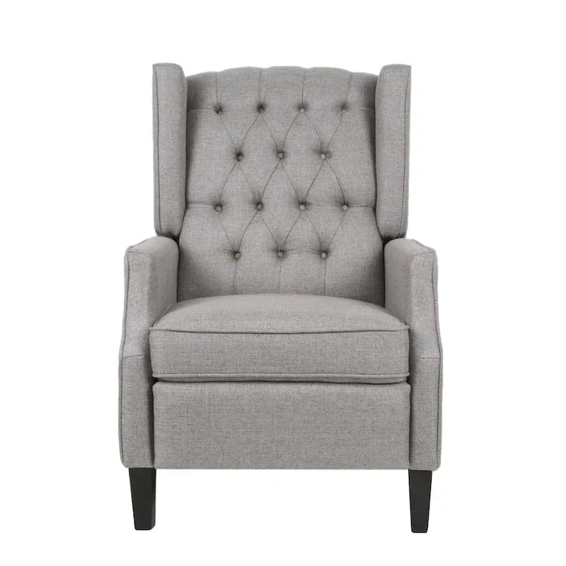 Fauteuil inclinable à pousser à dossier oreilles mid-century en tissu gris avec repose-pieds et dossier capitonné à boutons