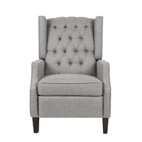 Fauteuil inclinable à pousser à dossier oreilles mid-century en tissu gris avec repose-pieds et dossier capitonné à boutons