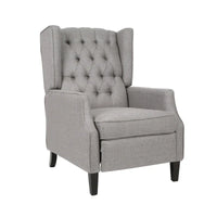 Fauteuil inclinable à pousser à dossier oreilles mid-century en tissu gris avec repose-pieds et dossier capitonné à boutons