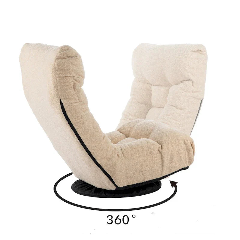 Ensemble Fauteuil Inclinable Manuel Pivotant 360° sans Accoudoirs Rembourré en Bouclette Beige avec Pouf, Appui-Tête et Dossier Réglables