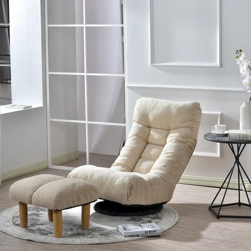 Ensemble Fauteuil Inclinable Manuel Pivotant 360° sans Accoudoirs Rembourré en Bouclette Beige avec Pouf, Appui-Tête et Dossier Réglables