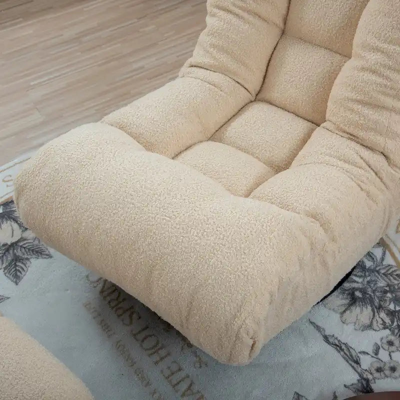 Ensemble Fauteuil Inclinable Manuel Pivotant 360° sans Accoudoirs Rembourré en Bouclette Beige avec Pouf, Appui-Tête et Dossier Réglables
