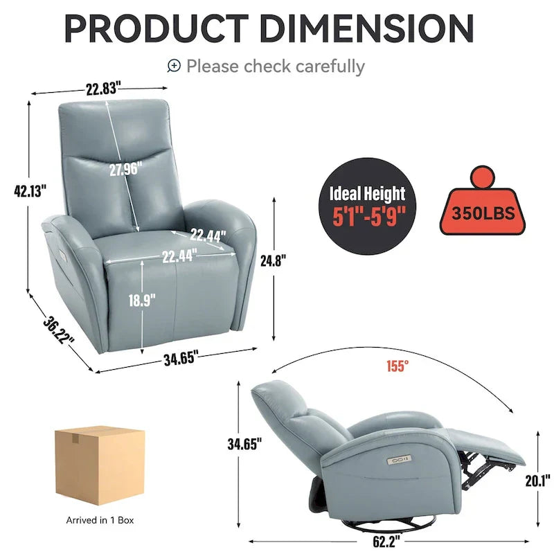 Fauteuil Inclinable Électrique en Cuir Véritable Bleu avec Pivot et Chargement USB