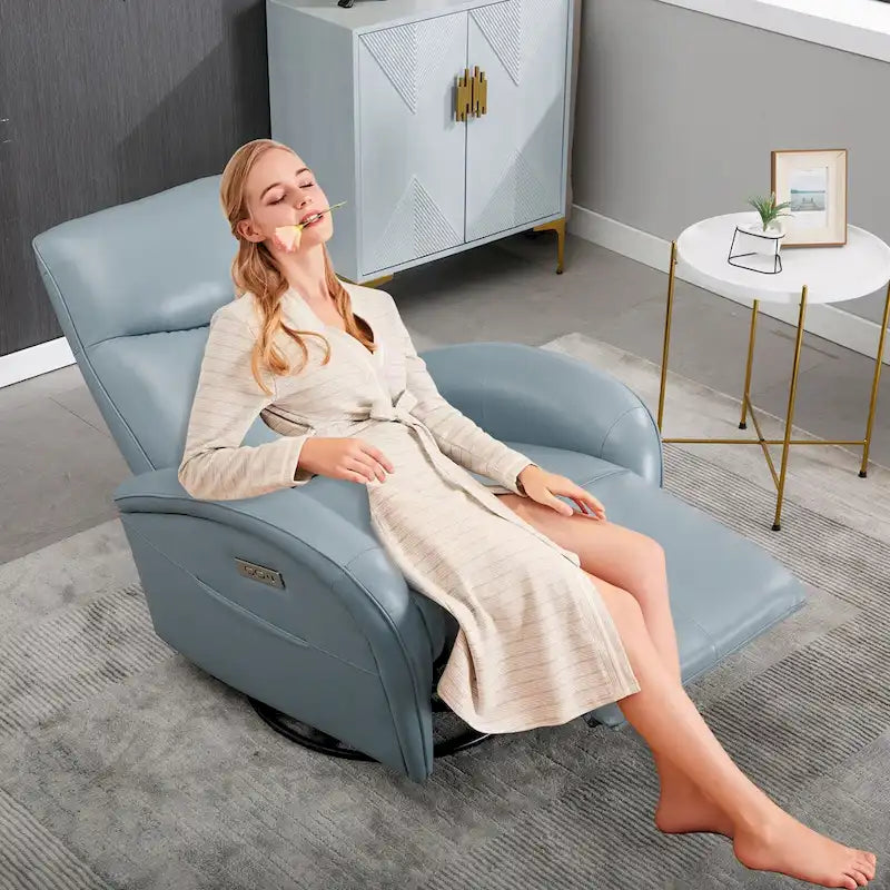 Fauteuil Inclinable Électrique en Cuir Véritable Bleu avec Pivot et Chargement USB