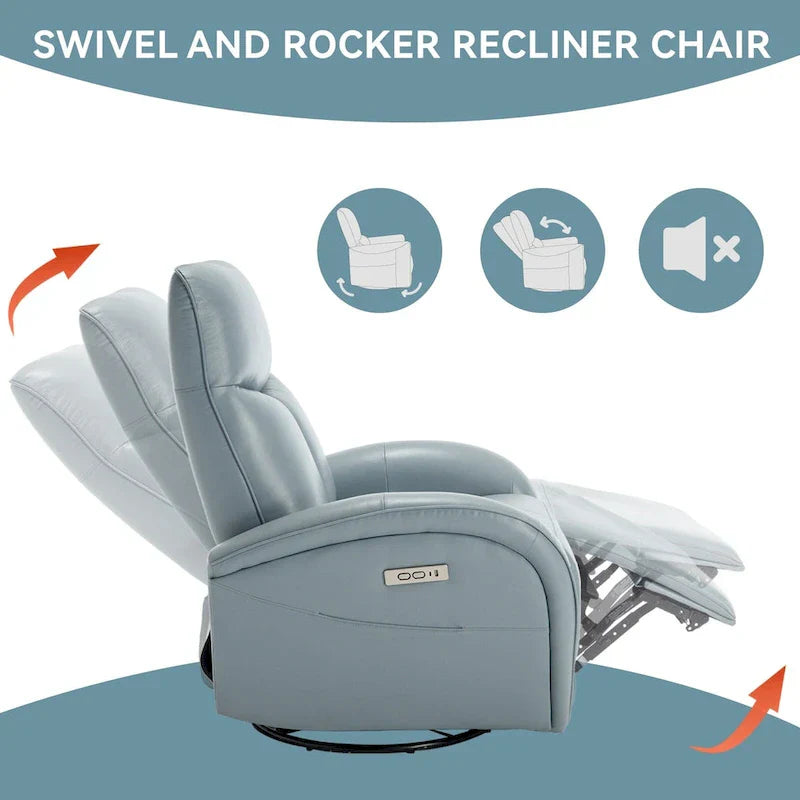Fauteuil Inclinable Électrique en Cuir Véritable Bleu avec Pivot et Chargement USB