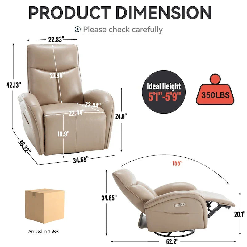 Fauteuil Inclinable Électrique en Cuir Véritable Bleu avec Pivot et Chargement USB