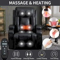 Fauteuil inclinable électrique noir pour personnes âgées avec massage vibrant, chauffage lombaire, port USB et porte-gobelets