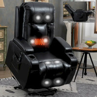 Fauteuil inclinable électrique noir pour personnes âgées avec massage vibrant, chauffage lombaire, port USB et porte-gobelets