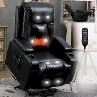 Fauteuil inclinable électrique noir pour personnes âgées avec massage vibrant, chauffage lombaire, port USB et porte-gobelets