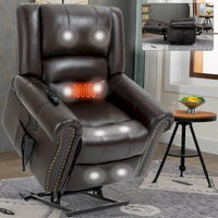 Fauteuil inclinable releveur en cuir véritable marron avec fonction de chauffage, de massage et ports USB
