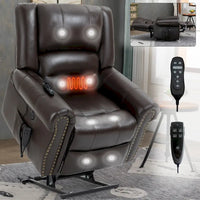 Fauteuil inclinable releveur en cuir véritable marron avec fonction de chauffage, de massage et ports USB