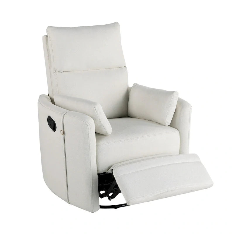 Fauteuil inclinable, pivotant et à bascule capitonné beige avec inclinaison manuelle, pivotement à 360° et deux coussins amovibles