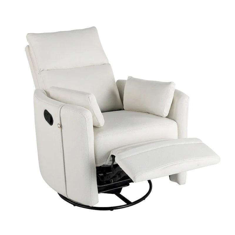 Fauteuil inclinable, pivotant et à bascule capitonné beige avec inclinaison manuelle, pivotement à 360° et deux coussins amovibles