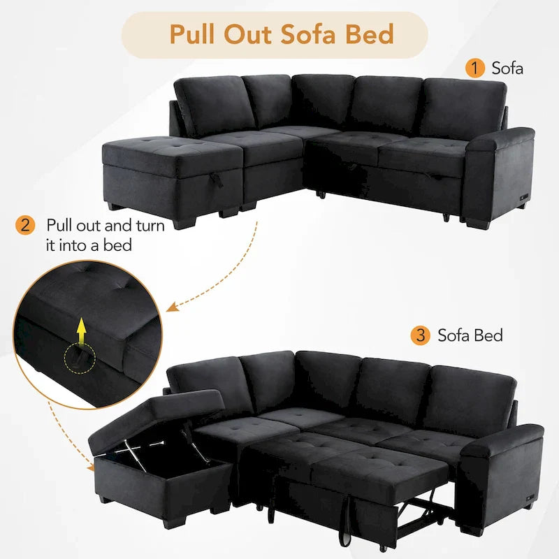 Canapé sectionnel 84.75 en forme de L 5 places avec lit escamotable, ottoman de rangement, rangement d'accoudoir dissimulé & charge USB