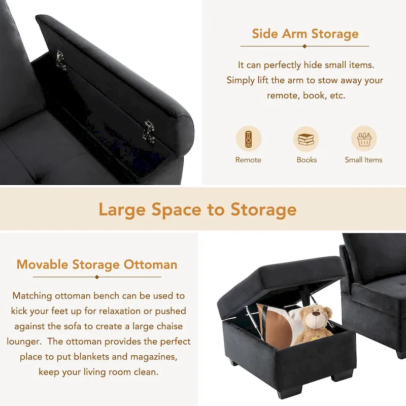 Canapé sectionnel 84.75 en forme de L 5 places avec lit escamotable, ottoman de rangement, rangement d'accoudoir dissimulé & charge USB