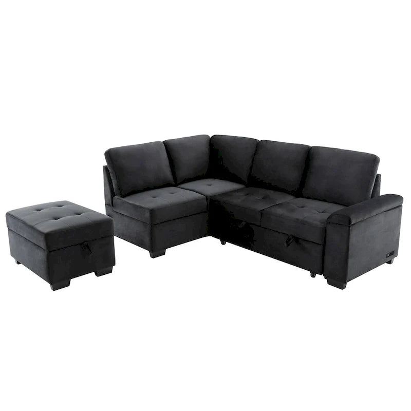 Canapé sectionnel 84.75 en forme de L 5 places avec lit escamotable, ottoman de rangement, rangement d'accoudoir dissimulé & charge USB