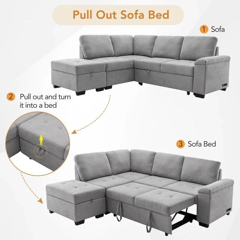 Canapé sectionnel 84.75 en forme de L 5 places avec lit escamotable, ottoman de rangement, rangement d'accoudoir dissimulé & charge USB